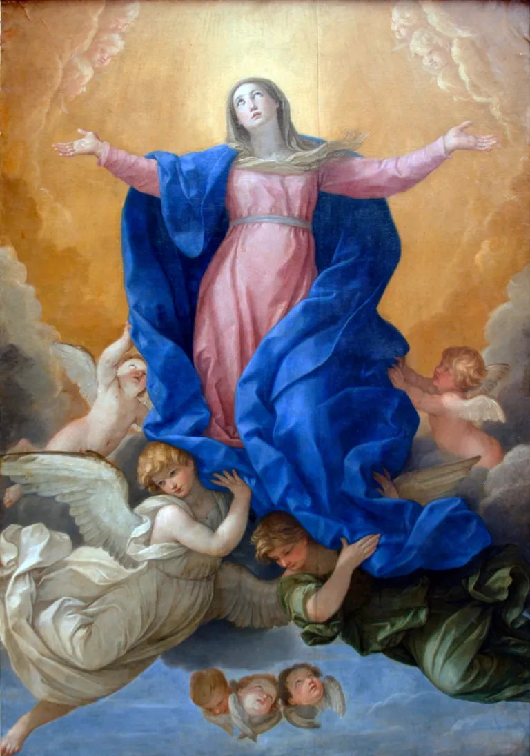 Guido Reni painted The Assumption of the Virgin Mary on silk circa 1638-1639.